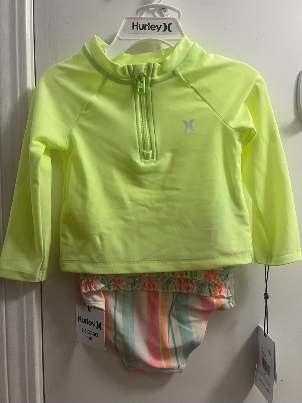 Hurley Neon Yellow Girls' Long Sleeve Rashguard with Pastel Striped Bottoms